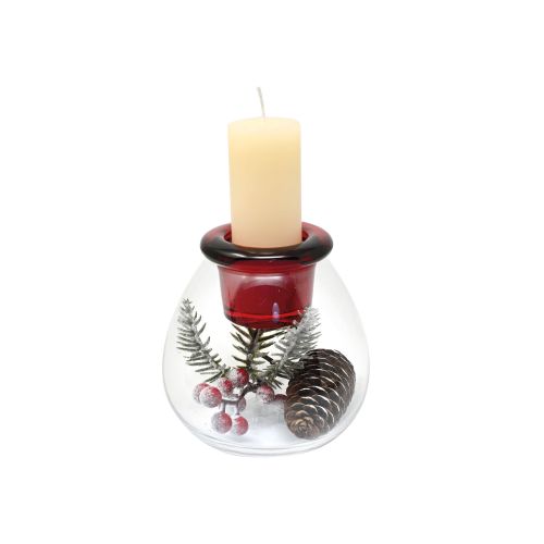 Candeliere vetro trasparente /rosso con abete e pigne