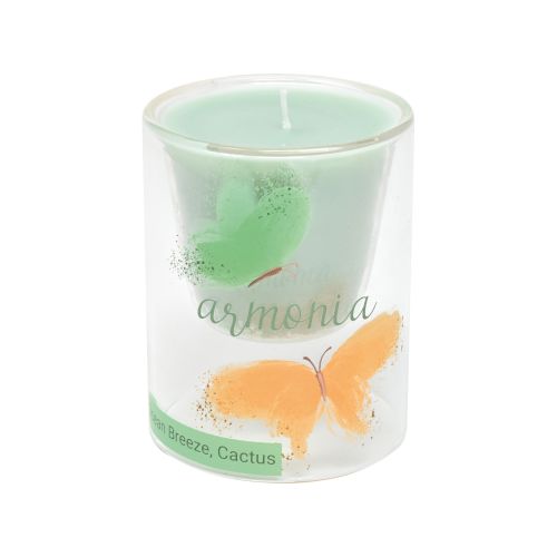 Candela in vetro borosilicato, cera verde, fragranza breeze/cactus