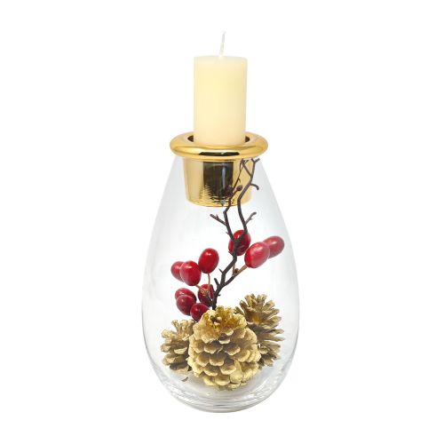 Candeliere vetro trasparente /oro con bacche e pigne