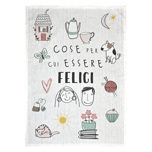 Set 2 strofinacci 100% cotone decoro essere felici+mangiare bene