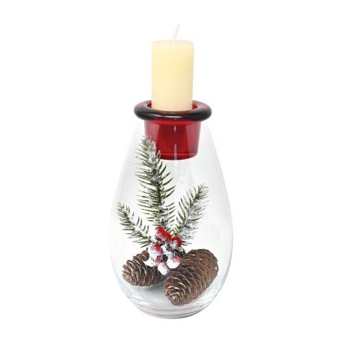 Candeliere vetro trasparente /rosso con abete e pigne
