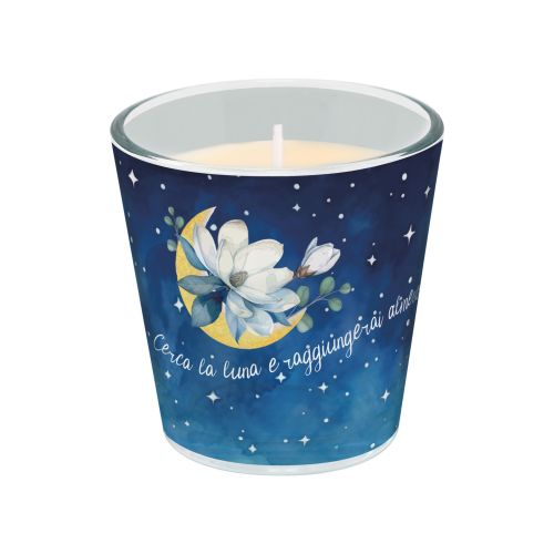 Candela in vetro fragranza vanilla decoro luna e stelle