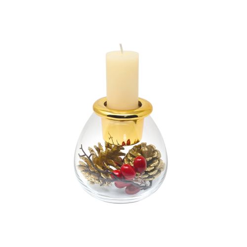 Candeliere vetro trasparente /oro con bacche e pigne