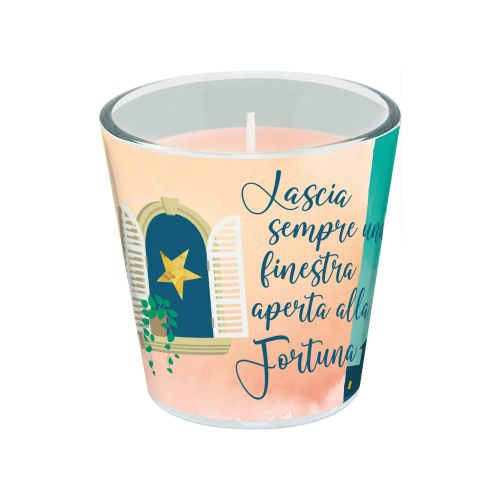 Candela in vetro fragranza peonia decoro fortuna