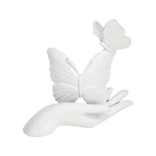 Scultura piccola in resina bianca mano con farfalla