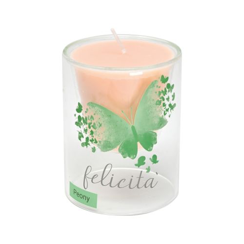 Candela in vetro borosilicato, cera rosa, fragranza peonia