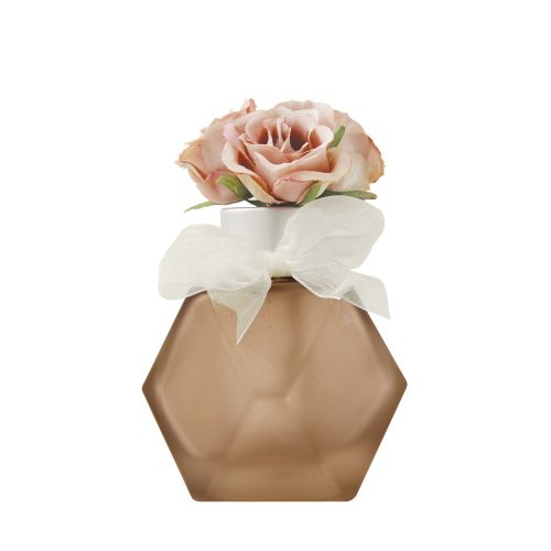 Bottiglia per profumo color legno e rose rosa