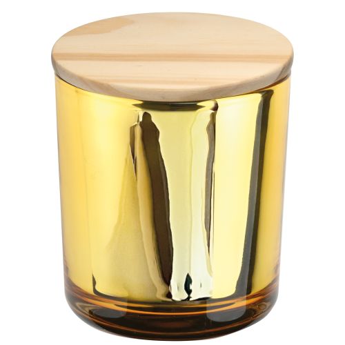 Candela oro + coperchio legno frag. lino fiorito