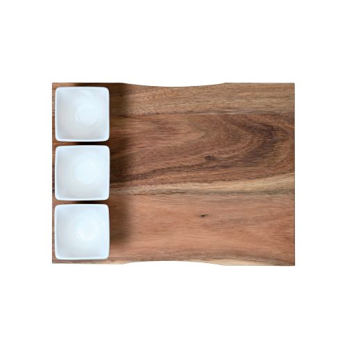 Tagliere in legno di acacia con 3 boli in porcellana