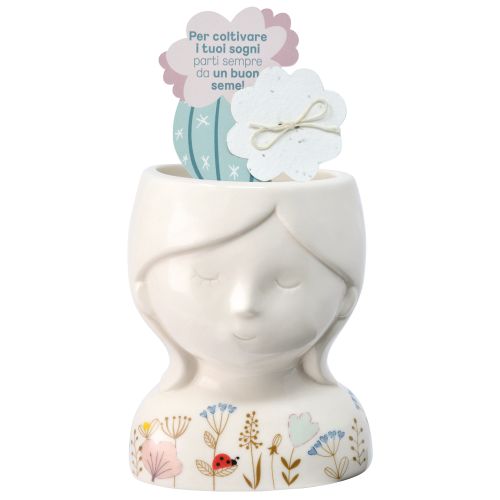 Cachepot girl in porcellana bianca con carta piantabile
