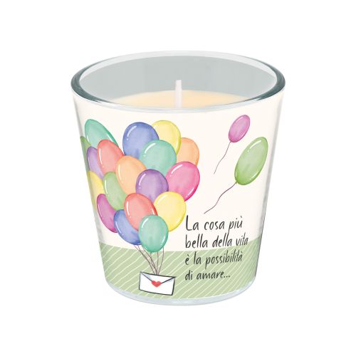 Candela in vetro fragranza vaniglia decoro palloncini