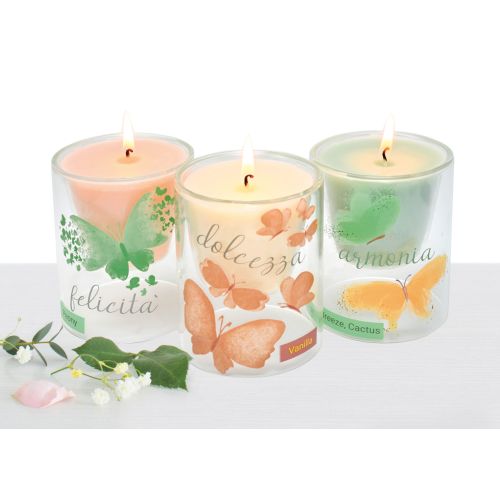 Candela in vetro borosilicato, cera rosa, fragranza peonia